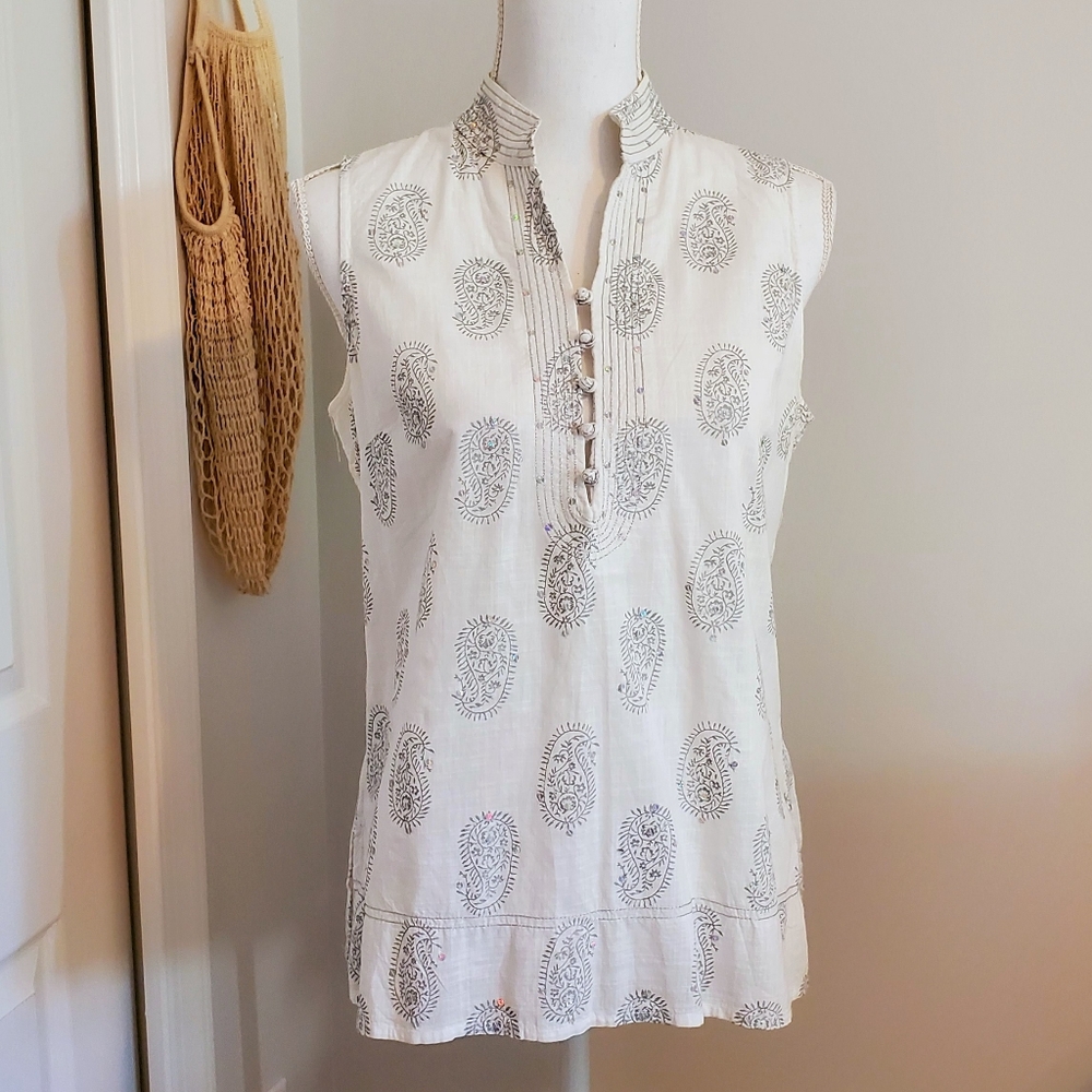 Old Navy Sequin Paisley Sleeveless Top - Mandarin Collar - White Gray - Small